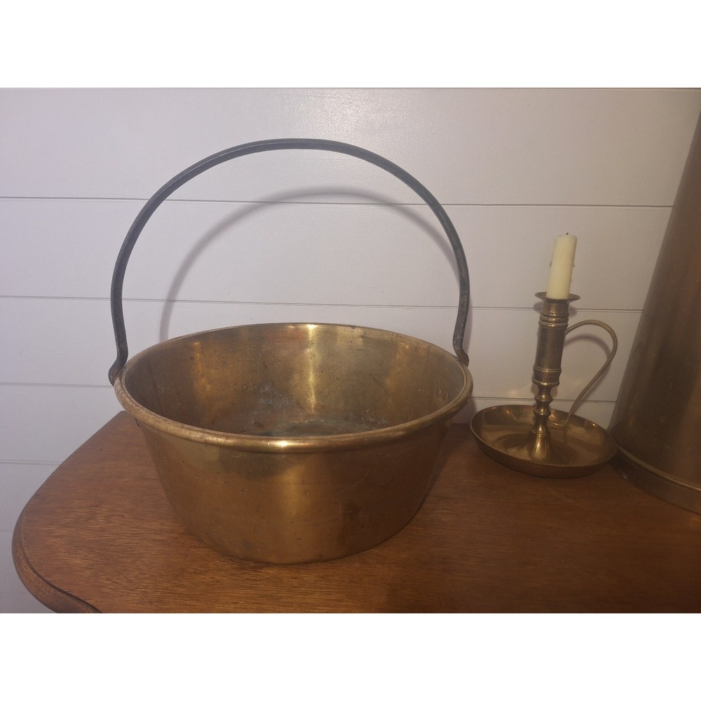 antique English brass jam pan with cast iron handle